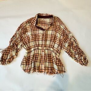 Free People Plaid Shirt Womens Size Medium Ruche Long Sleeve Button Down Blouse